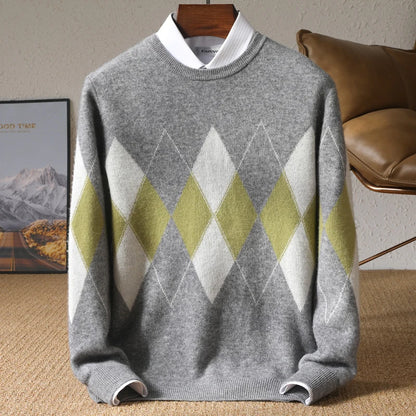 Autumn Winter New Men's Cashmere Sweater Thickened Round Neck Pullover With Contrast Color Loose Casual Knitted100% Wool Sweater