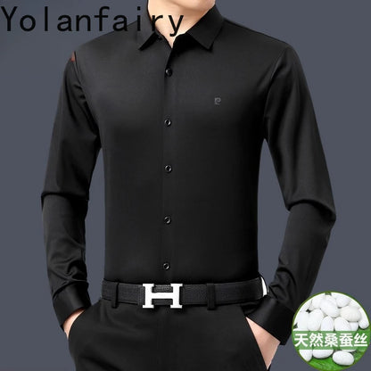 YOLANFAIRY 100% Mulberry Silk Long Sleeve Shirt Man Spring Autumn Casual Silk Mens Shirts Warm Male White Shirt chemises hommes