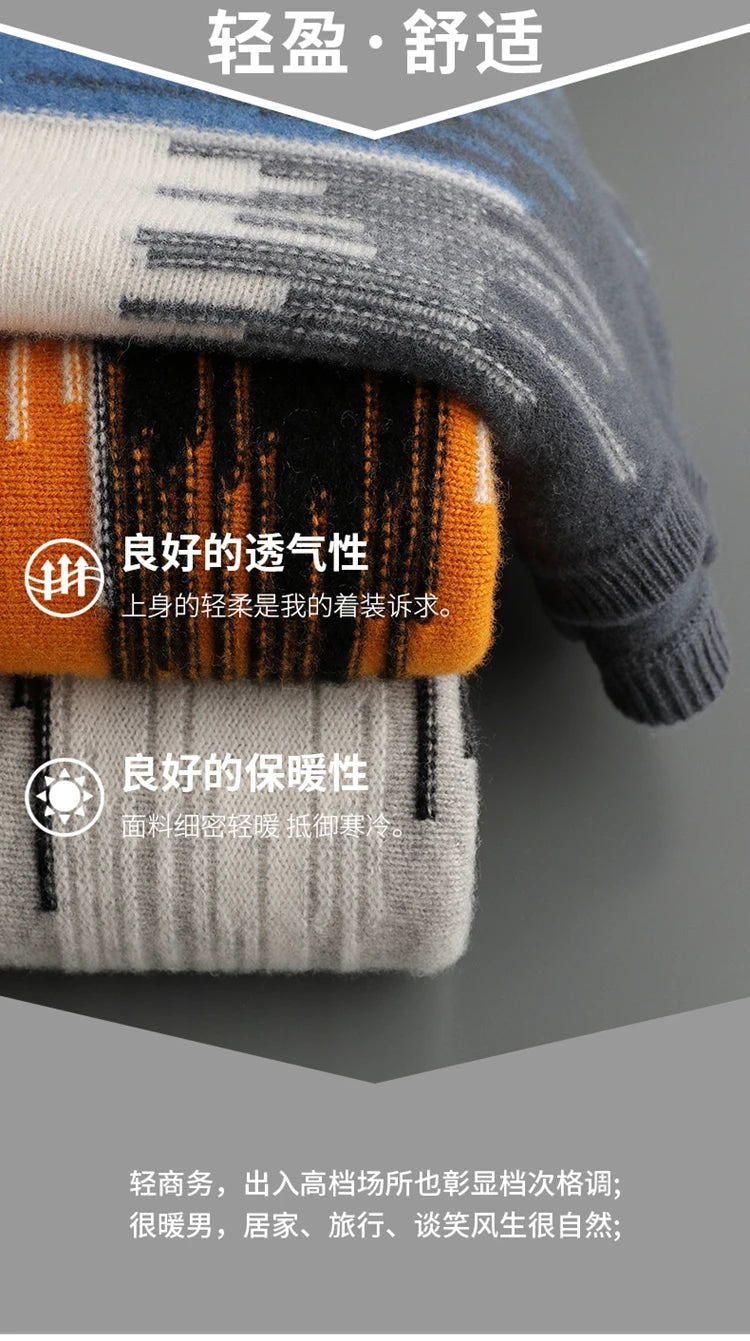 Men's 100% Merino Wool Color-Blocked O-Neck Sweater Long Sleeves Fashion Pullover Cashmere Loose Soft Warm Leisure Clothing Top