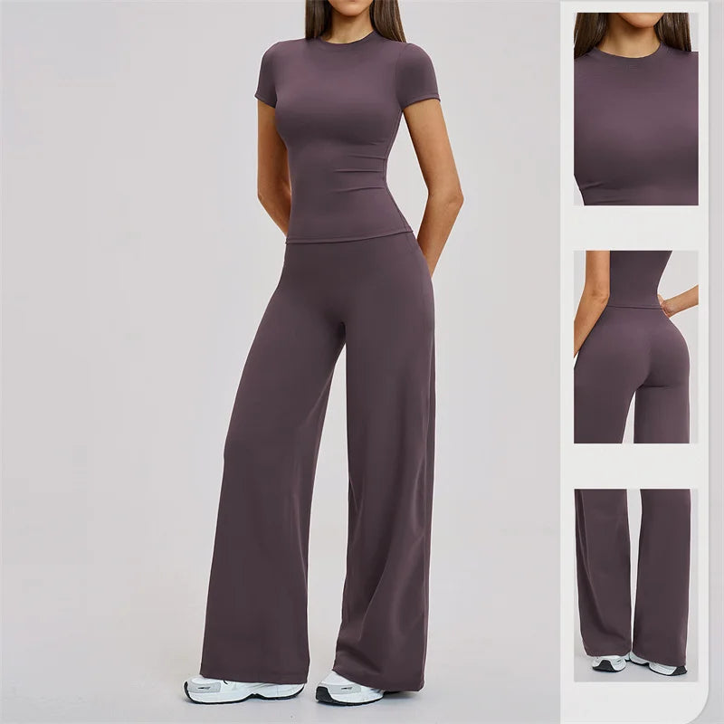 TRY TO BN Women's Tracksuit Two Pieces Yoga Sets Short Sleeve High Waist Leggings Fitness Sportwear Workout Running Gym Clothing