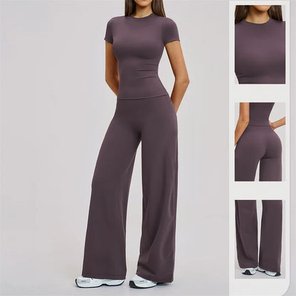 TRY TO BN Women's Tracksuit Two Pieces Yoga Sets Short Sleeve High Waist Leggings Fitness Sportwear Workout Running Gym Clothing