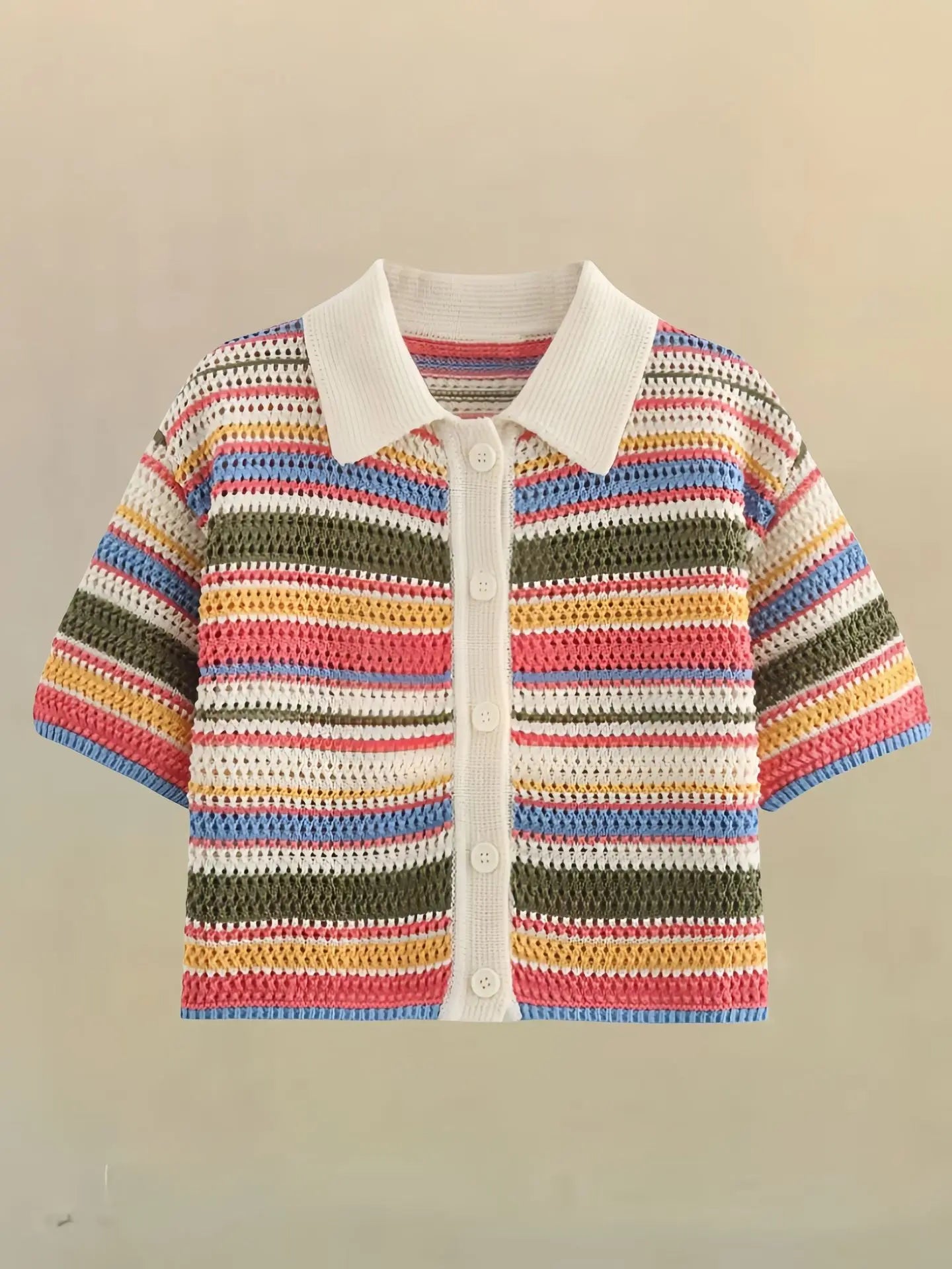 Women Patchwork Striped Hollow Out Crochet Knitted Crop Sweater Shorts Set Short Sleeve Polo Collar Sweater Knit Shorts Suit Y2K