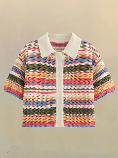 Women Patchwork Striped Hollow Out Crochet Knitted Crop Sweater Shorts Set Short Sleeve Polo Collar Sweater Knit Shorts Suit Y2K