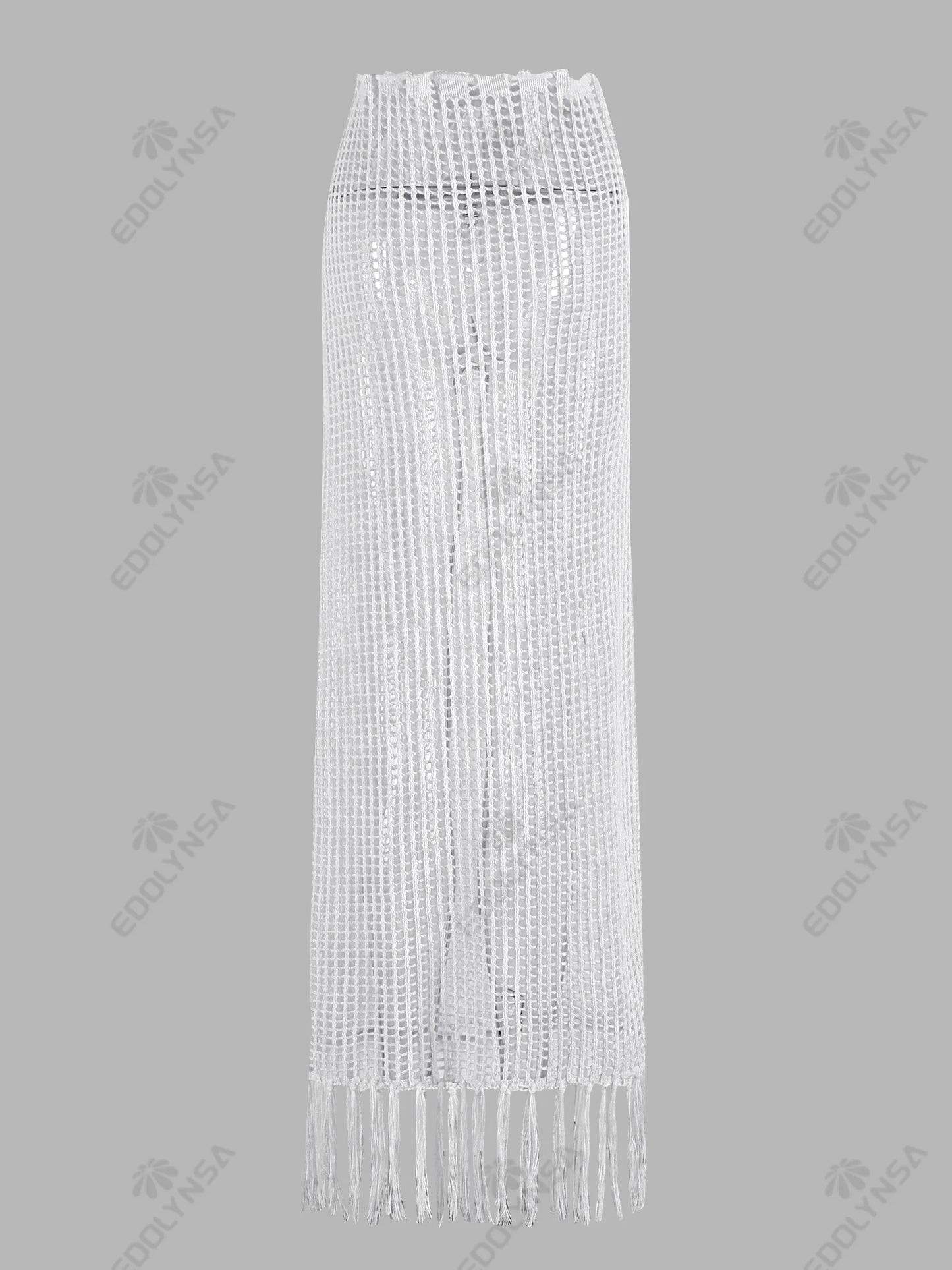 Sexy Summer Knit Cut Out Beach Half Skirt Women Chic Drawstring Fringed Casual Wrap Skirts 2026 Pool Party Swimwear Cover Up K50