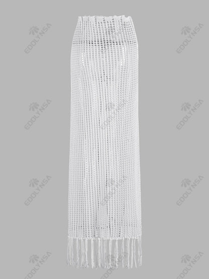 Sexy Summer Knit Cut Out Beach Half Skirt Women Chic Drawstring Fringed Casual Wrap Skirts 2026 Pool Party Swimwear Cover Up K50