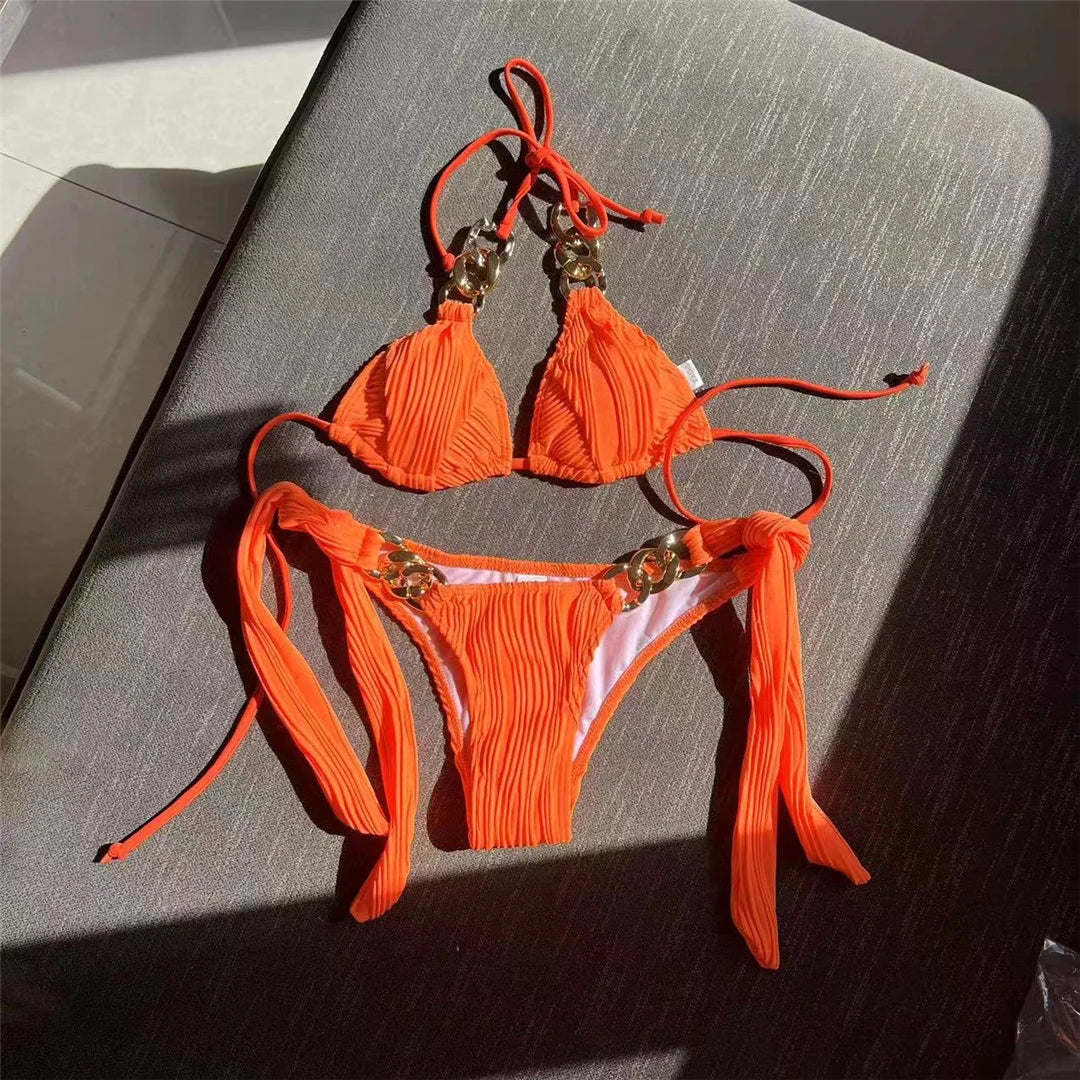 Metal Rings Halter Wrinkled Bikini Female Swimsuit Women Swimwear Two-pieces Bikini set Bather Bathing Suit Swim Lady V4149SW