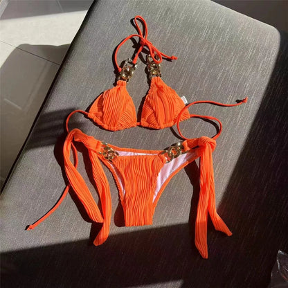 Metal Rings Halter Wrinkled Bikini Female Swimsuit Women Swimwear Two-pieces Bikini set Bather Bathing Suit Swim Lady V4149SW