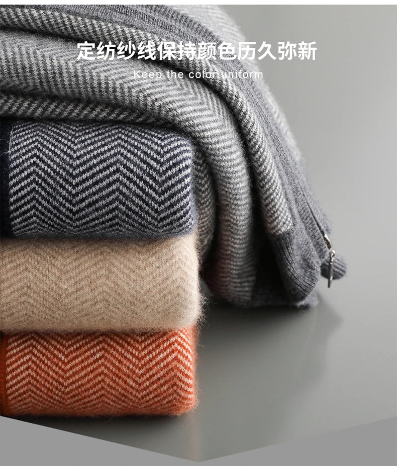 Autumn Winter 100% Merino Wool Knitted Zipper Cardigan Men's Half High Collar Herringbone Pattern Thick Coat Casual Warm Jacket