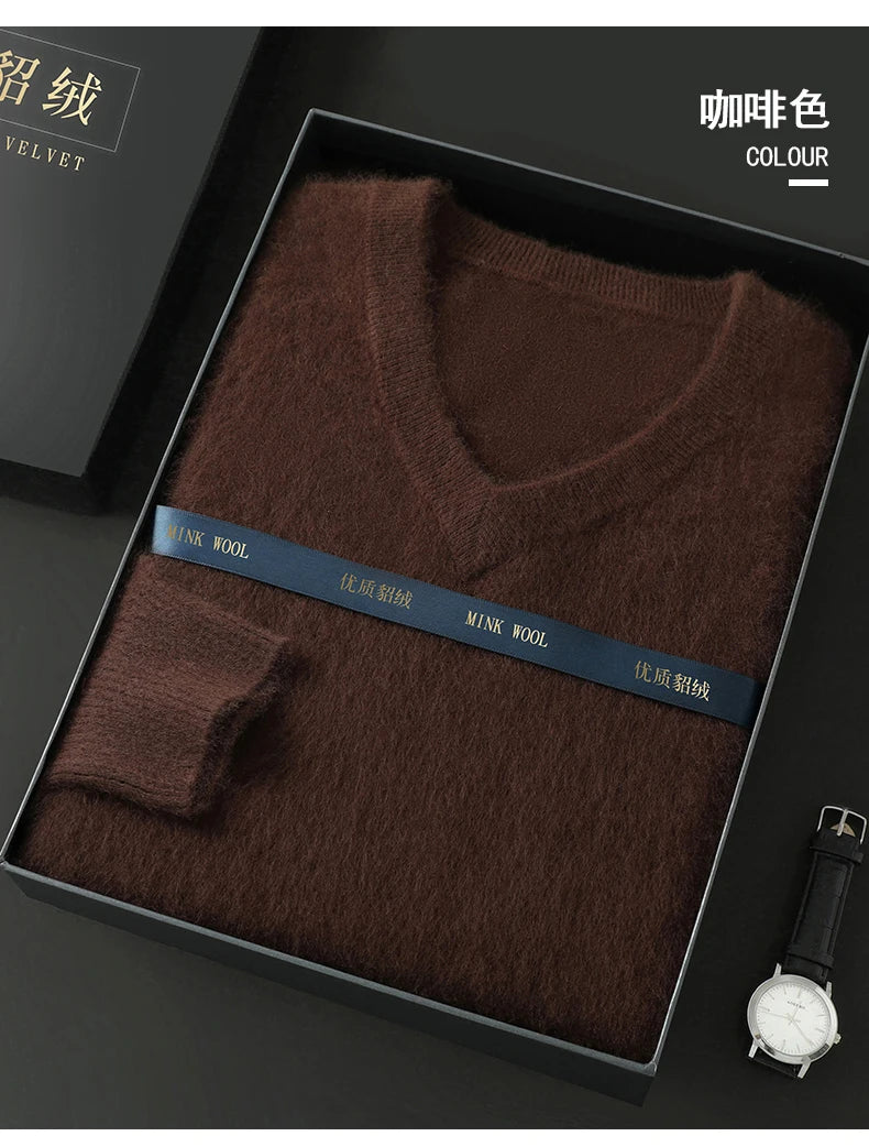100% Pure Mink Cashmere Sweater Men's V-Neck Pullovers Knit Large Size Mink Sweater Winter New Long Sleeve High-End Jumpers Tops