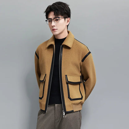 YOLANFAIRY Real Sheepskin Leather Patchwork Wool Coat for Men Autumn Trendy Short Cashmere Jacket Loose Streetwear ropa hombre