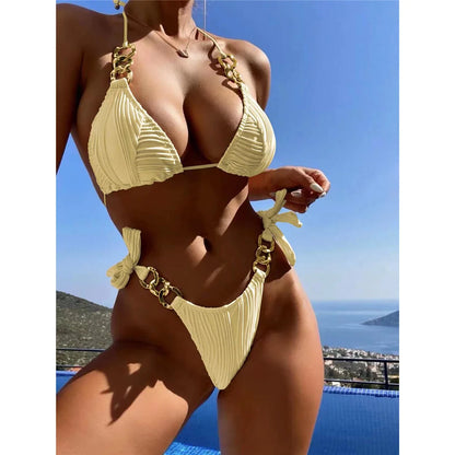 Metal Rings Halter Wrinkled Bikini Female Swimsuit Women Swimwear Two-pieces Bikini set Bather Bathing Suit Swim Lady V4149SW