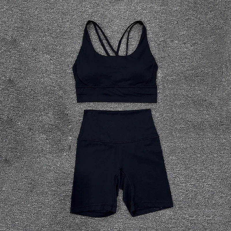 SOISOU Nylon Gym Yoga Set Women's Tracksuit Cycling Shorts Set Tight Elastic Short Chest Pad Removable Bra Womens Clothing
