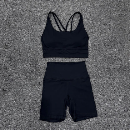 SOISOU Nylon Gym Yoga Set Women's Tracksuit Cycling Shorts Set Tight Elastic Short Chest Pad Removable Bra Womens Clothing