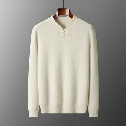 New Chinese Style Men's Pullover 100% Pure Wool Knit Sweater Autumn Winter Retro Stand Collar Long Sleeve Fashion Cashmere Tops