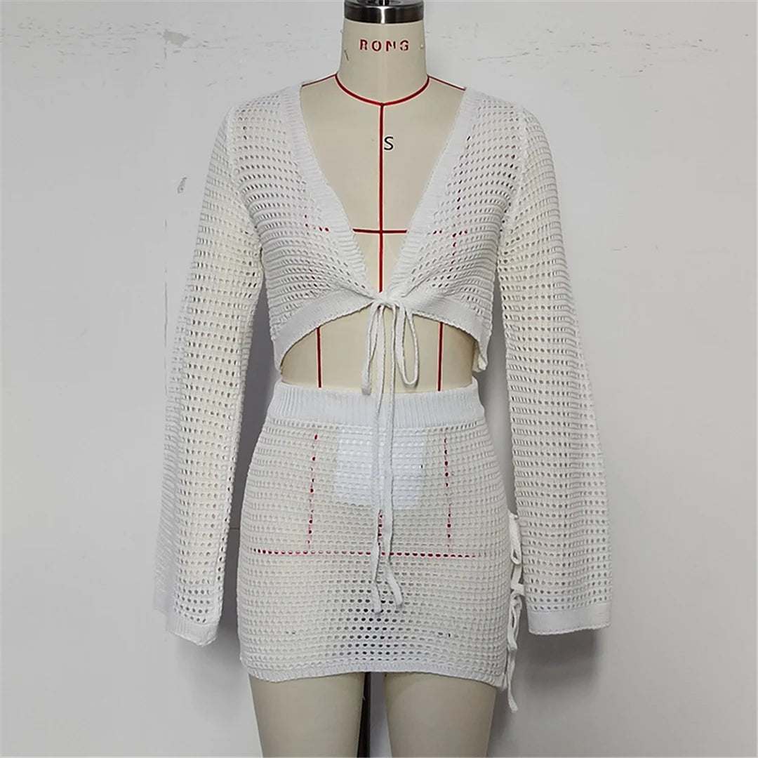 V Neck Long Sleeve Crochet Knitted 2 Pieces Suits Beach Cover Up Cover-ups Beach Dress Beach Wear Beachwear Female Women V6490