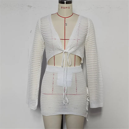 V Neck Long Sleeve Crochet Knitted 2 Pieces Suits Beach Cover Up Cover-ups Beach Dress Beach Wear Beachwear Female Women V6490