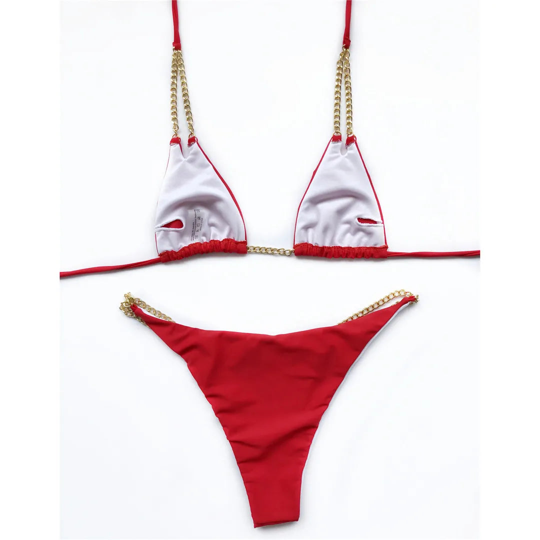 7 Colors Sexy Halter Bikini Female Swimsuit Women Swimwear Two-pieces Bikini set Metal Chain Bather Bathing Suit Swim Lady V2362