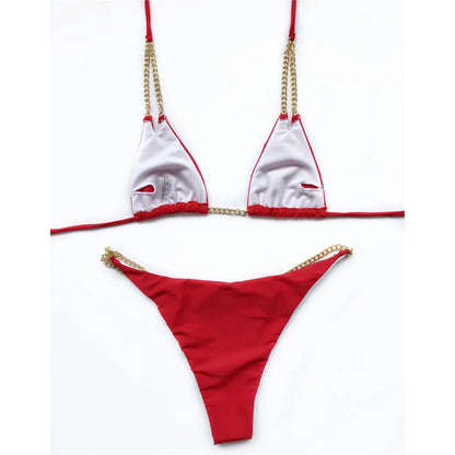 7 Colors Sexy Halter Bikini Female Swimsuit Women Swimwear Two-pieces Bikini set Metal Chain Bather Bathing Suit Swim Lady V2362