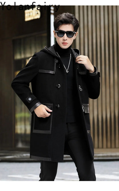 YOLANFAIRY Luxury Woolen Jackets for Man Autumn Winter Mid-length Pure Wool Patchwork Sheepskin Trench Coat Hooded Mens Jacket