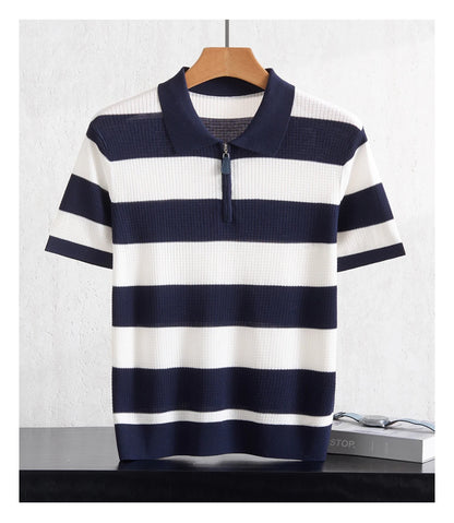 Men's 100% Lyocell POLO Collar Striped T-Shirt Knit Pullover Summer New Bussiness Casual Half-zip Short-sleeved Jumper Menswear