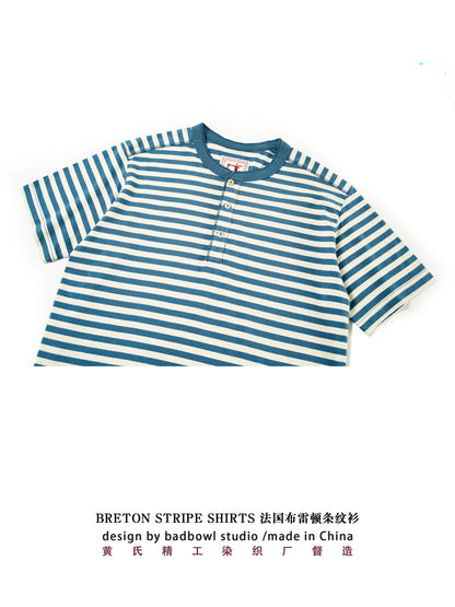 American Retro Sea Soul Shirt 270g Heavy Cotton T-shirt Men's Casual Round Neck Short Sleeve T-shirt Striped Base T-shirt