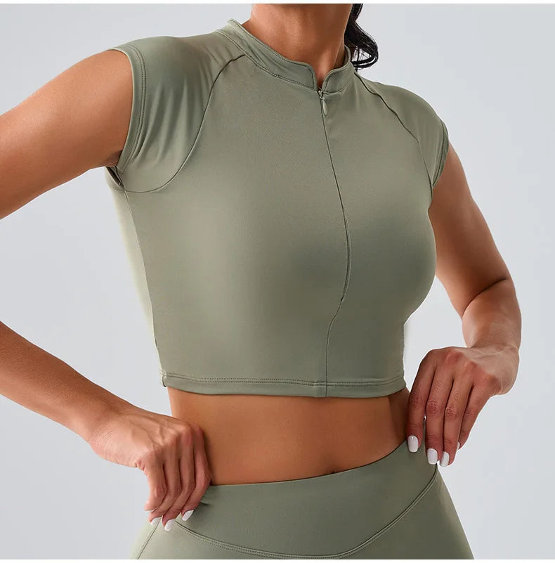 Zipper Sports Crop Top Women Short Sleeve Yoga Top Shirts Light Weight Gym Push Up Top Sports Shirt Running Workout Crop Tops
