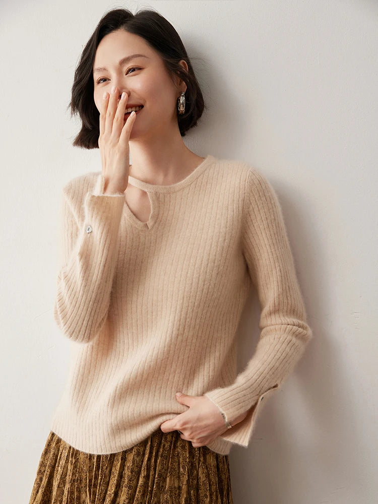 CHICUU Women's 100% Cashmere Knit Pullover Sweater Cut Out Collar Long Sleeve Pullover Autumn Winter Basic Cashmere Knitwear Top