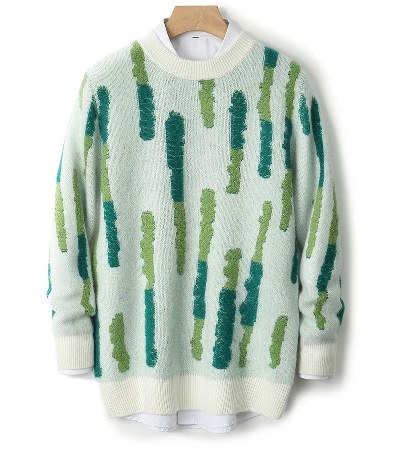 New 100% Pure Wool Men's O-neck Pullover 2025 Autumn/Winter Color Matching Top Casual Thick Fashion Large Size Jumper Sweater