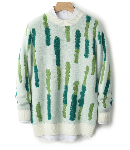 New 100% Pure Wool Men's O-neck Pullover 2025 Autumn/Winter Color Matching Top Casual Thick Fashion Large Size Jumper Sweater
