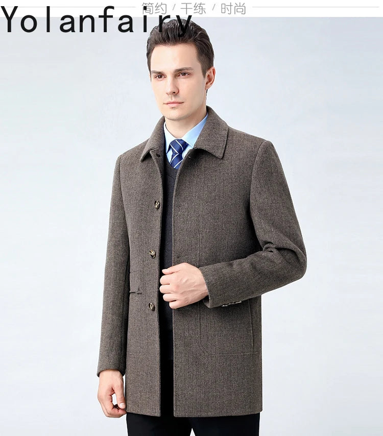 YOLANFAIRY 100% Cashmere Jacket for Men 2025 Autumn Winter Mid-length Wool Coats Man Clothing Casual Business Men's Woolen Coat