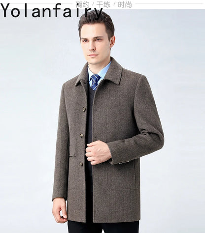 YOLANFAIRY 100% Cashmere Jacket for Men 2025 Autumn Winter Mid-length Wool Coats Man Clothing Casual Business Men's Woolen Coat