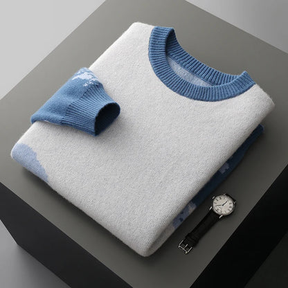 Autumn/Winter New 100% Merino Wool Knit Sweater Men's O-Neck Color Block Cashmere Pullover Business Casual Thick Long-Sleeved