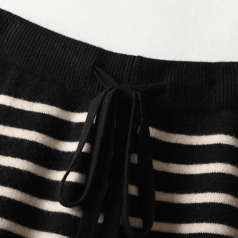 Women's Spring and Autumn 100% Merino Wool 90 Count Knitted Striped Wide Leg Pants