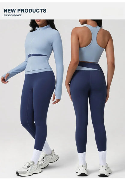 New Women's Color-Block Yoga Outfit Set Back Beauty Fitness Tank Top Long Sleeve Coat Hip-Lifting Leggings Running Fitness Set