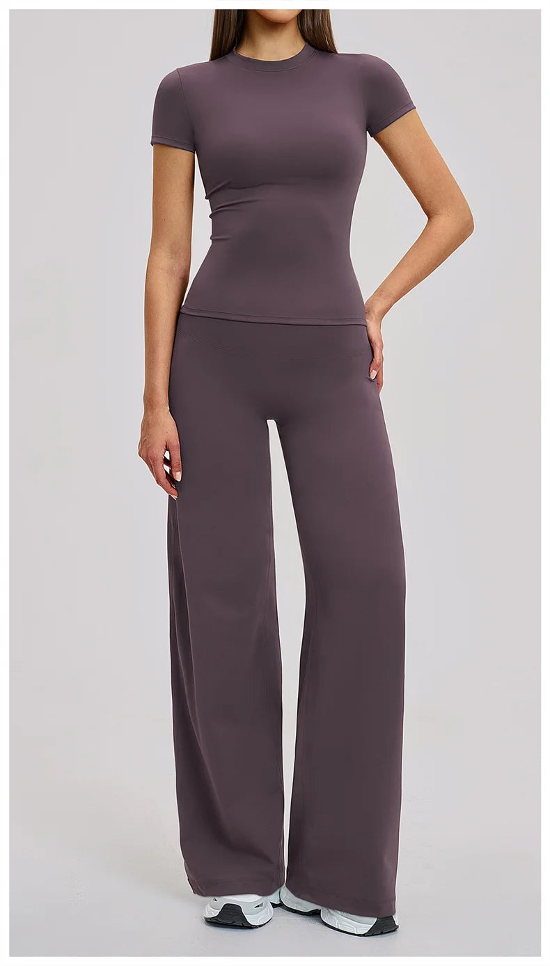 TRY TO BN Women's Tracksuit Two Pieces Yoga Sets Short Sleeve High Waist Leggings Fitness Sportwear Workout Running Gym Clothing