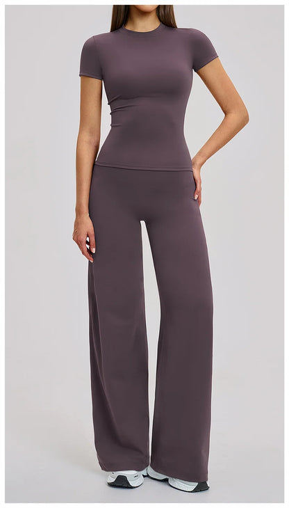TRY TO BN Women's Tracksuit Two Pieces Yoga Sets Short Sleeve High Waist Leggings Fitness Sportwear Workout Running Gym Clothing
