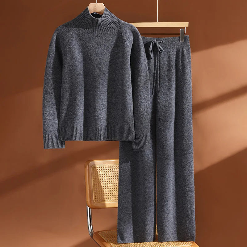 CHICUU Women's 100% Wool Sweater Pants Set Thick Mock Neck Pullover Wide Leg Pants Autumn Winter Warm Casual Wool Knitwear Suit