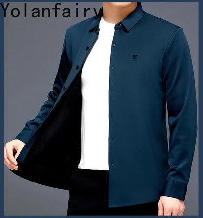 YOLANFAIRY 100% Mulberry Silk Long Sleeve Shirt Man Spring Autumn Casual Silk Mens Shirts Warm Male White Shirt chemises hommes