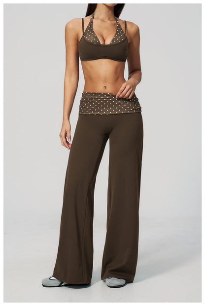 Custom LOGO women's sports trousers retro splicing polka dots folded waist fitness hip lift abdomen yoga trousers