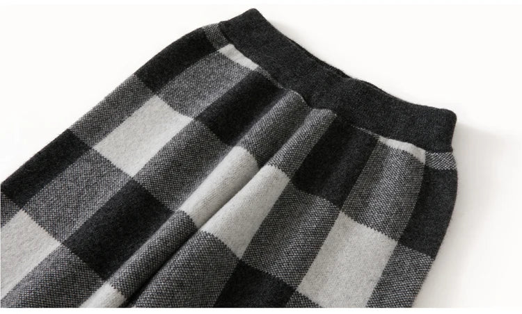 DjzDsm Autumn and Winter New Women's 100% Merino Wool Thickened High Waist Knitted Wide Leg Pants Four Flat Casual Plaid Pants