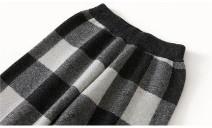 DjzDsm Autumn and Winter New Women's 100% Merino Wool Thickened High Waist Knitted Wide Leg Pants Four Flat Casual Plaid Pants