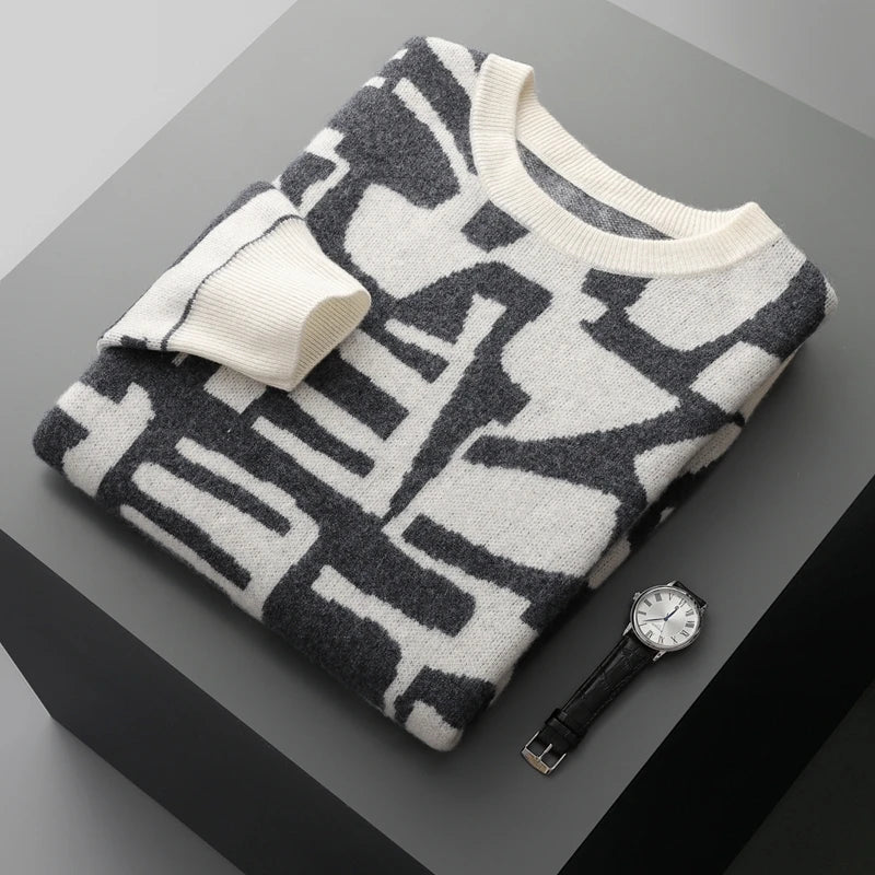 New Men's Sweater 100% Cashmere Autumn Winter Fashion Knitted Jacquard Pullover Color blocked O-Neck Thickened Men's Wear Top