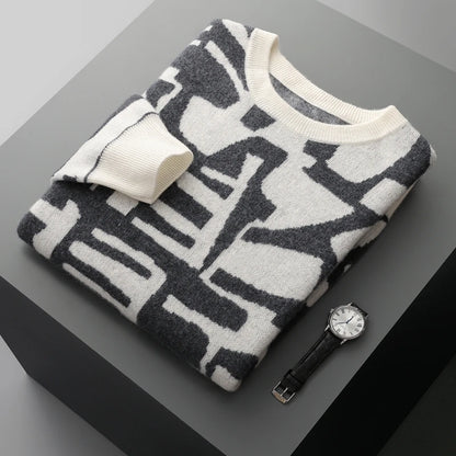 New Men's Sweater 100% Cashmere Autumn Winter Fashion Knitted Jacquard Pullover Color blocked O-Neck Thickened Men's Wear Top