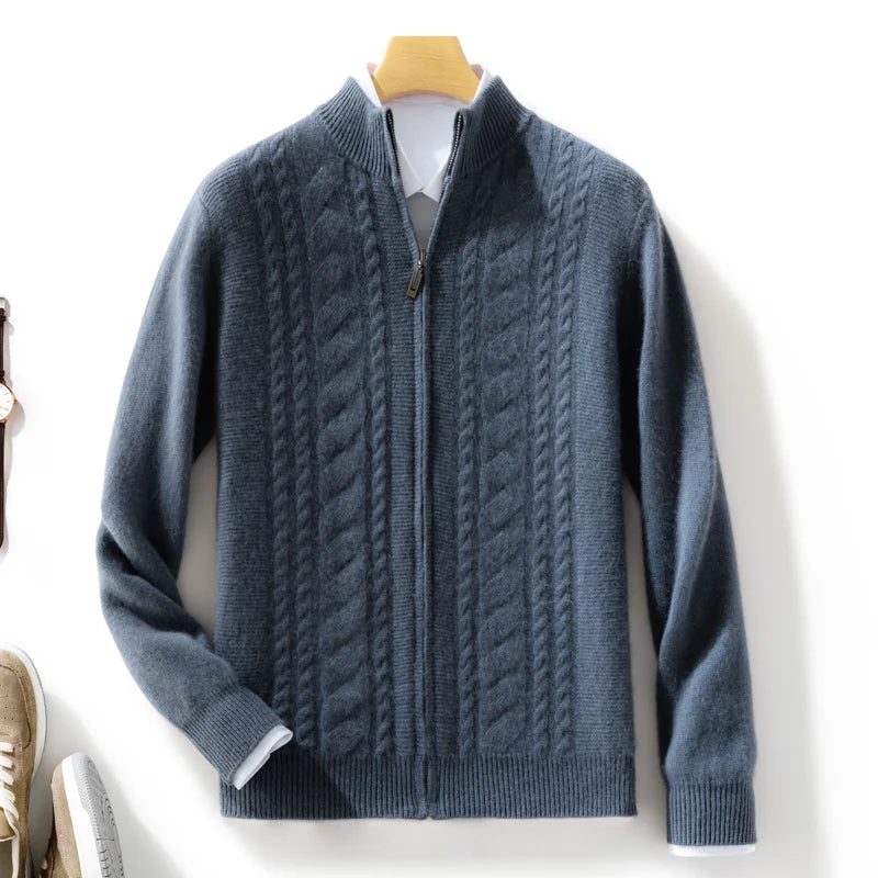 High Quality Men Mock Collar Twisted Cardigan Autumn Winter Thick Zipper 100% Merino Wool Sweater Casual Coat Cashmere Knitwear