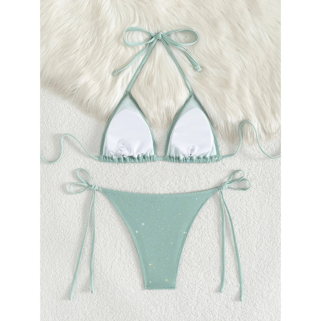 Glitter Sparkling Halter High Leg Cut Bikini Female Swimsuit Women Swimwear Two-pieces Bikini set Bather Bathing Suit Swim V5501