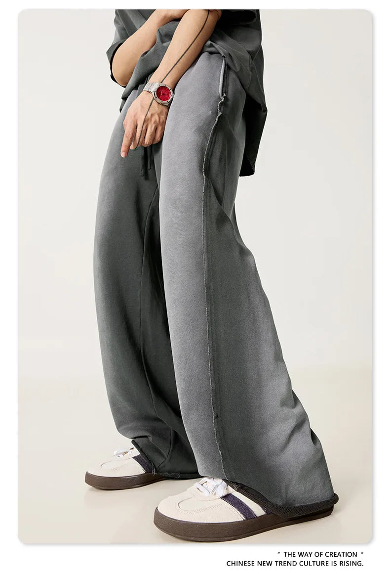 Custom LOGO men's 2025 autumn 370G heavy 100% cotton gradual change hole hooded sweater straight trousers set