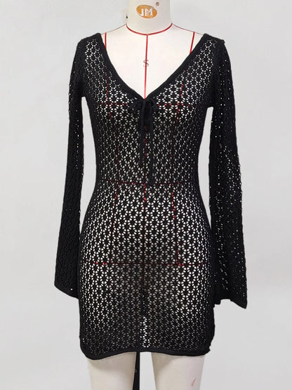 V Neck Long Sleeve Hollow Out Crochet Knitted Tunic Beach Cover Up Cover-ups Beach Dress Beach Wear Beachwear Female Women V6081