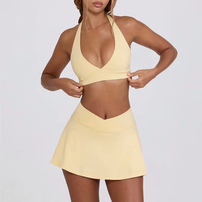 Summer Women Chest Padding And High Elasticity Bra Set 2Pcs Tennis Skirt Sportswear Female Golf Suits Sport Outfit For Woman