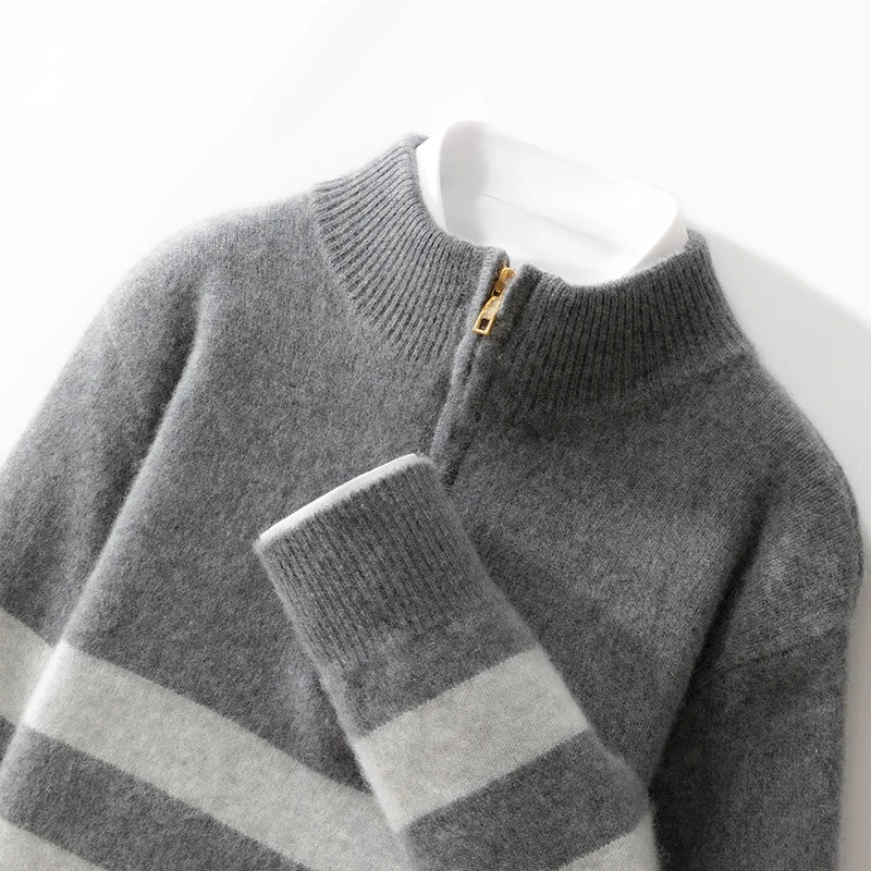 Men's 100% Merino Wool Sweater Half-high Collar Half Zip Thick Pullover Autumn Winter Cashmere Stripe Knitwear Long Sleeved Tops