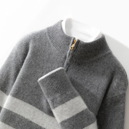 Men's 100% Merino Wool Sweater Half-high Collar Half Zip Thick Pullover Autumn Winter Cashmere Stripe Knitwear Long Sleeved Tops